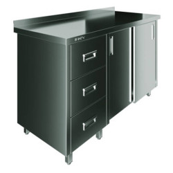 Стол производственный закрытый Restoinox 1200х600х850 нерж. cталь AISI 430, 3 ящика (слева), двери купе, борт