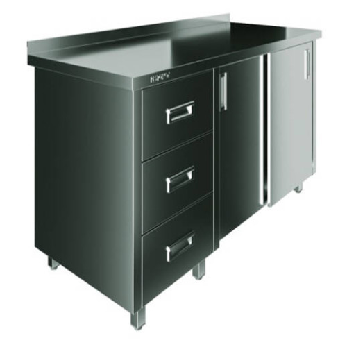 Стол производственный закрытый Restoinox 1200х600х850 нерж. cталь AISI 430, 3 ящика (слева), двери купе, борт